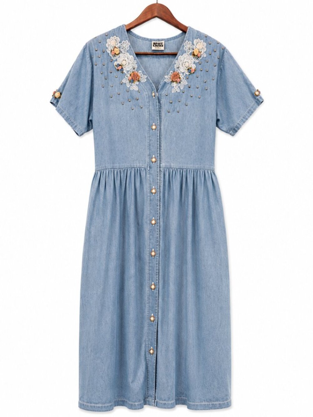 Spot Light Women’s XL Light Wash Denim Midi Dress Floral Embellished Cottagecore